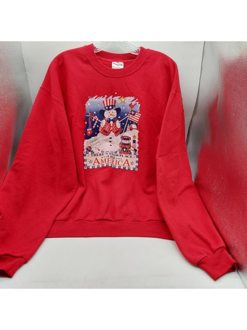 Jerzees Ugly Christmas Sweater Red Snowmen Flag Size Large Vintage